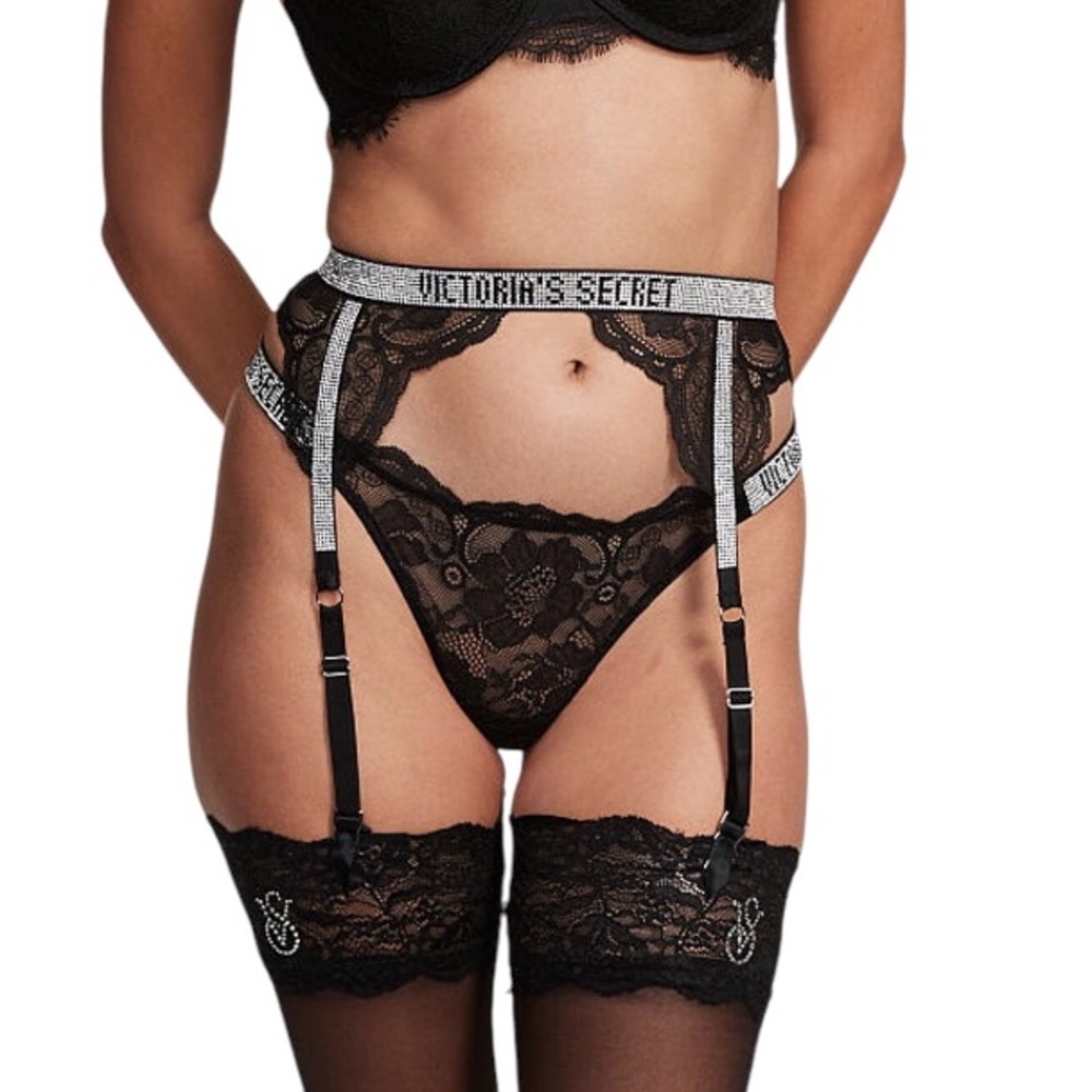 Victoria’s Secret Black Lace Shine Strap Suspenders Garter XS / S